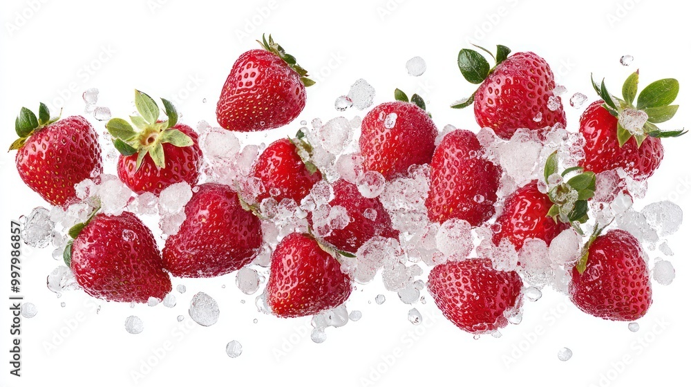 Vibrant Frozen Strawberries Suspended in Mid-Air with Detailed Leaves, Isolated on White Background Vibrant Frozen Strawberries Suspended in Mid-Air with Detailed Leaves, Isolated on White Background