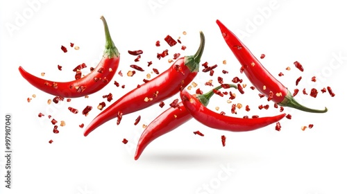 Spicy Chili Peppers Soaring in the Air with a Fiery Texture, Isolated on White Background