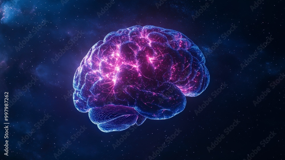 Illuminated digital brain with neural connections in a dark space Illuminated digital brain with neural connections in a dark space