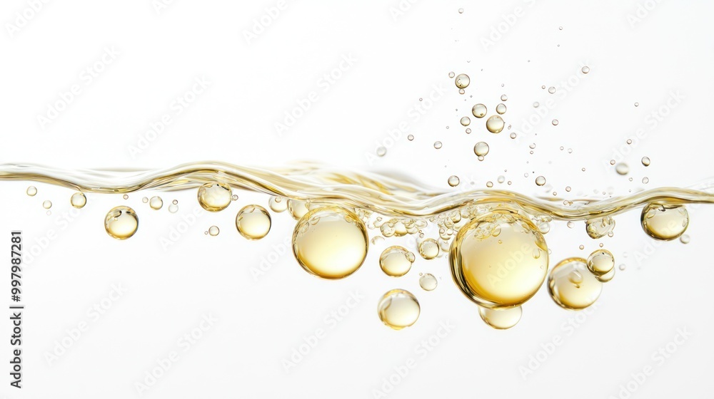 Elegant Floating Bubbles of Olive Oil on White Background Elegant Floating Bubbles of Olive Oil on White Background