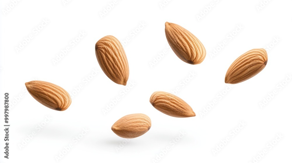 Vibrant Whole Almonds Suspended in Mid-Air on White Background Vibrant Whole Almonds Suspended in Mid-Air on White Background