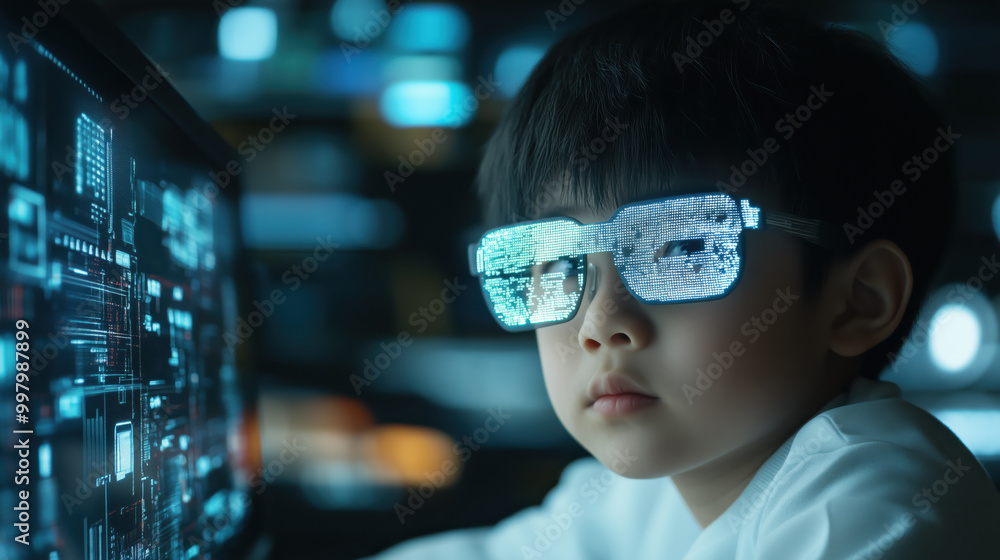 Young school student wearing futuristic glasses, focused on technology Young school student wearing futuristic glasses, focused on technology