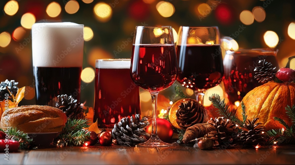 Festive holiday drinks and decor with warm holiday lights in background Festive holiday drinks and decor with warm holiday lights in background