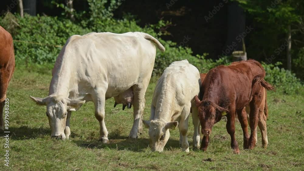 Brown and white cows and calves grazing in a pasture on a meadow eating grass
Brown and white cows and calves grazing in a pasture on a meadow eating grass