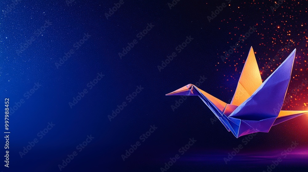 Naklejka premium Origami crane in blue and orange with sparkling background effect