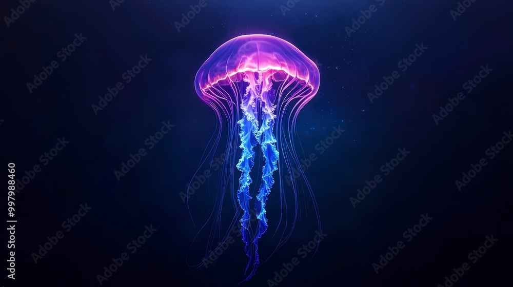 Mesmerizing luminescent jellyfish glowing in deep dark ocean waters Mesmerizing luminescent jellyfish glowing in deep dark ocean waters