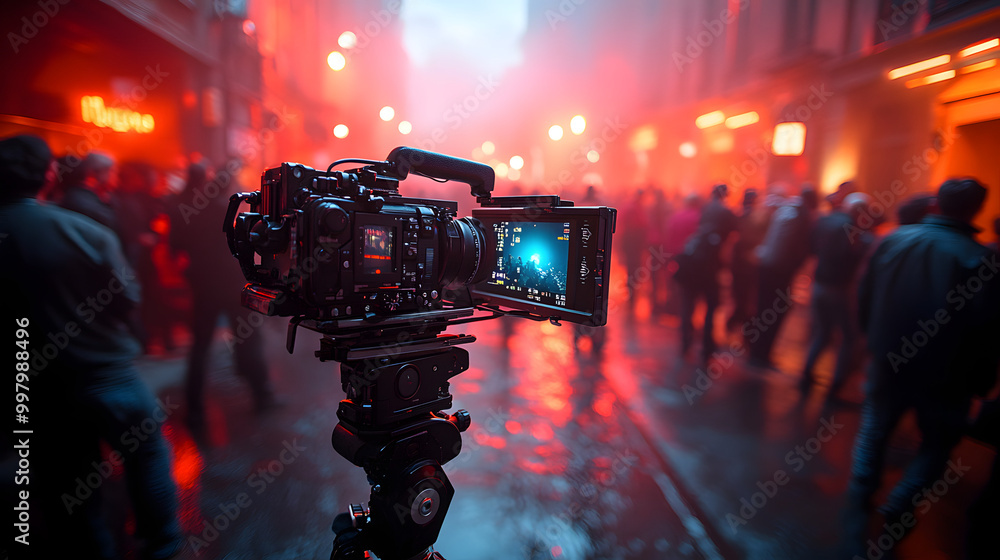 A Professional Video Camera Positioned on a Film Set, Capturing the Dynamic Environment with Crew Members Busy at Work in the Background, Highlighting the Art of Filmmaking and Collaboration in a Crea A Professional Video Camera Positioned on a Film Set, Capturing the Dynamic Environment with Crew Members Busy at Work in the Background, Highlighting the Art of Filmmaking and Collaboration in a Crea