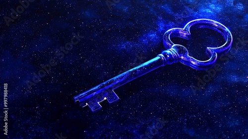 Mysterious glowing blue key floating in the vast starry cosmos