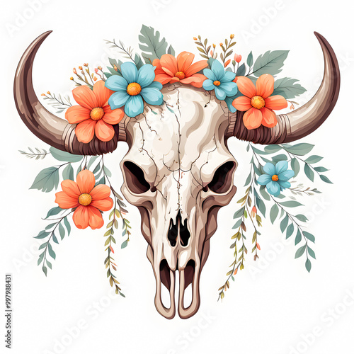 illustration of bull skull with cute flowers on white background.	
