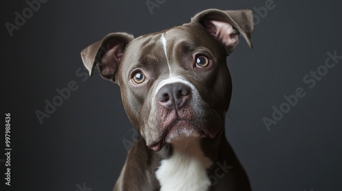 Adorable pup poses in a photo studio with a charming expression.