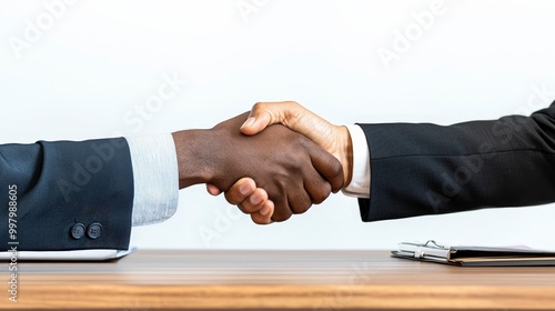 Two businessmen shaking hands during a successful agreement meeting photo