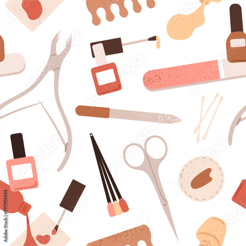 Manicure, nail art tools, seamless pattern. Endless background, fingernail po...