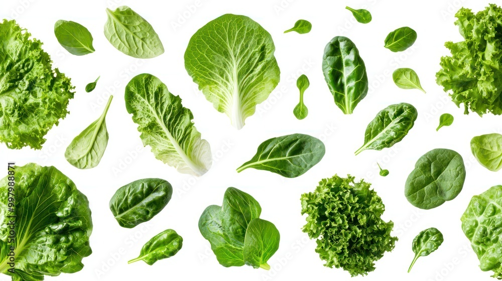 Fresh Leafy Greens in Motion - Symbol of Plant-Based Diet and Healthy Eating, Isolated on White Background Fresh Leafy Greens in Motion - Symbol of Plant-Based Diet and Healthy Eating, Isolated on White Background