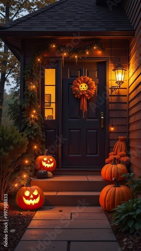 Halloween decor on the porch of the house made of pumpkins, garlands, Jack Latern, candles. Halloween party In the evening at dusk. 