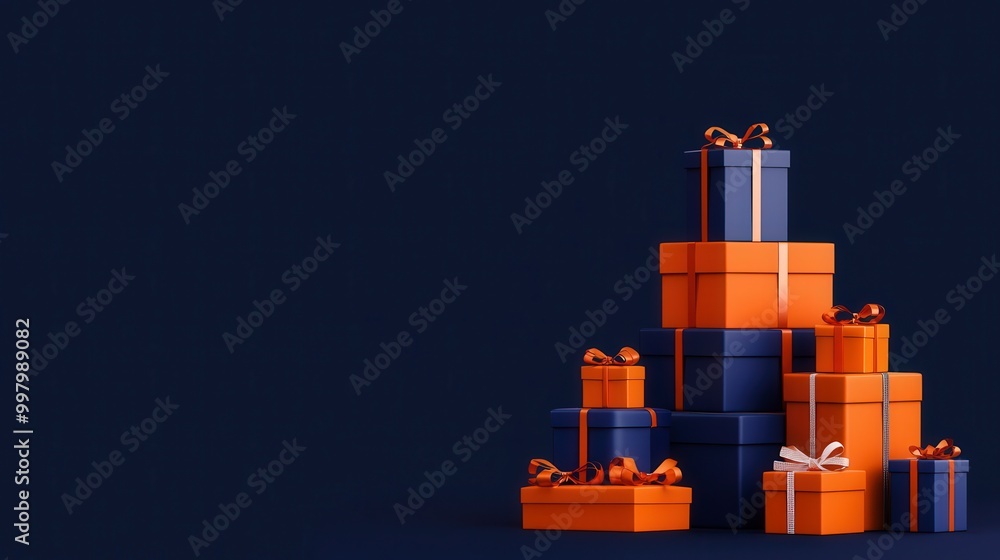 Naklejka premium Stack of orange and blue gift boxes with ribbons and bows