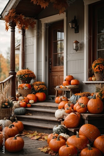 Autumn decor on the porch of the house made of pumpkins in baskets, garlands. Harvest Festival, Halloween