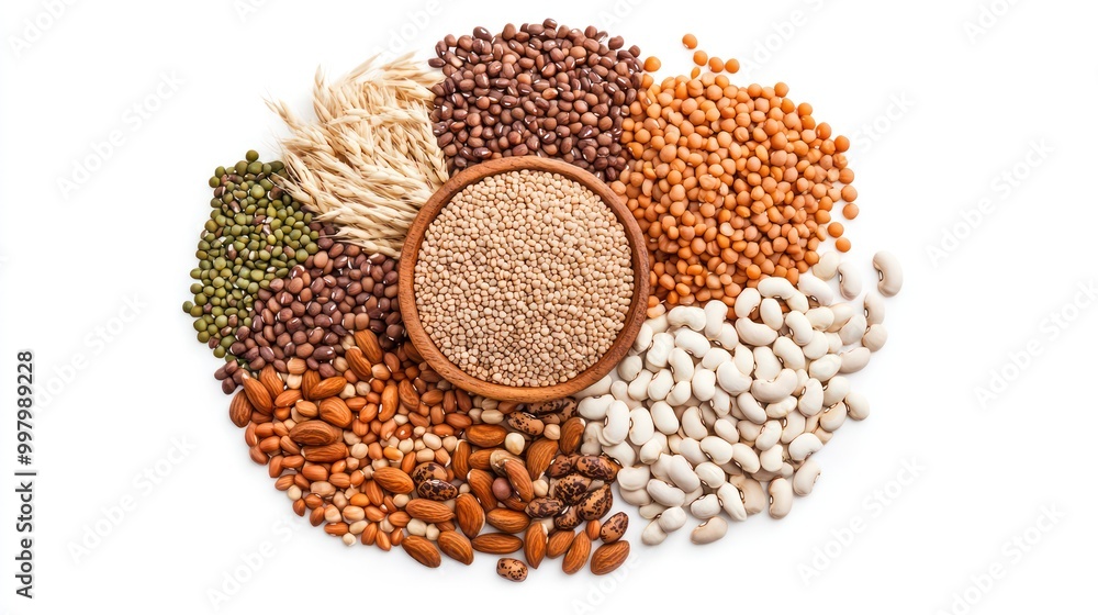 Wholesome Whirlwind - Whole Grains and Legumes in Motion for Healthy Diet Foundation on White Background Wholesome Whirlwind - Whole Grains and Legumes in Motion for Healthy Diet Foundation on White Background