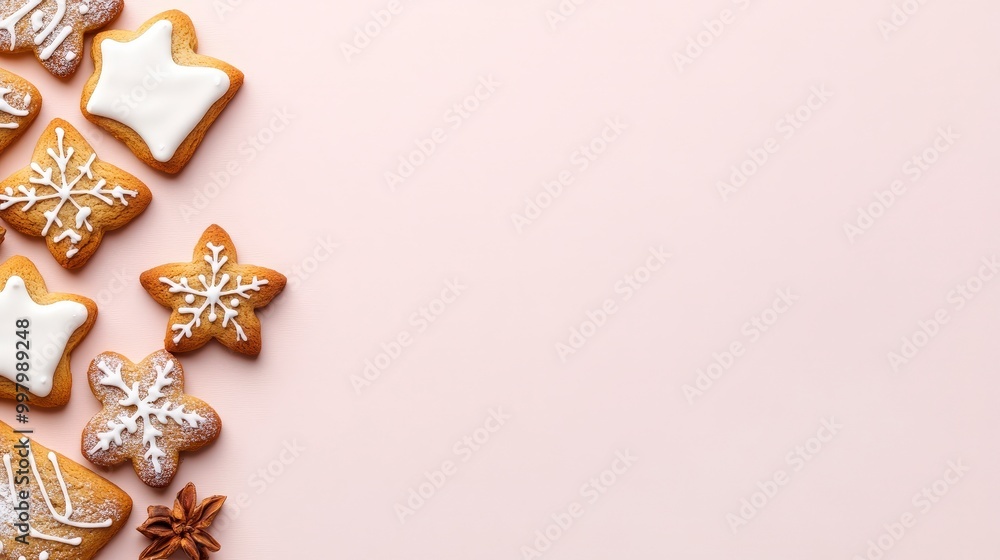 Deliciously decorated holiday cookies on a soft pastel background Deliciously decorated holiday cookies on a soft pastel background