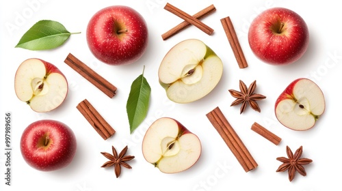 Crisp Autumn Delight: Organic Apple Slices and Cinnamon Sticks Suspended in Air, Fresh Harvest Aroma, White Background