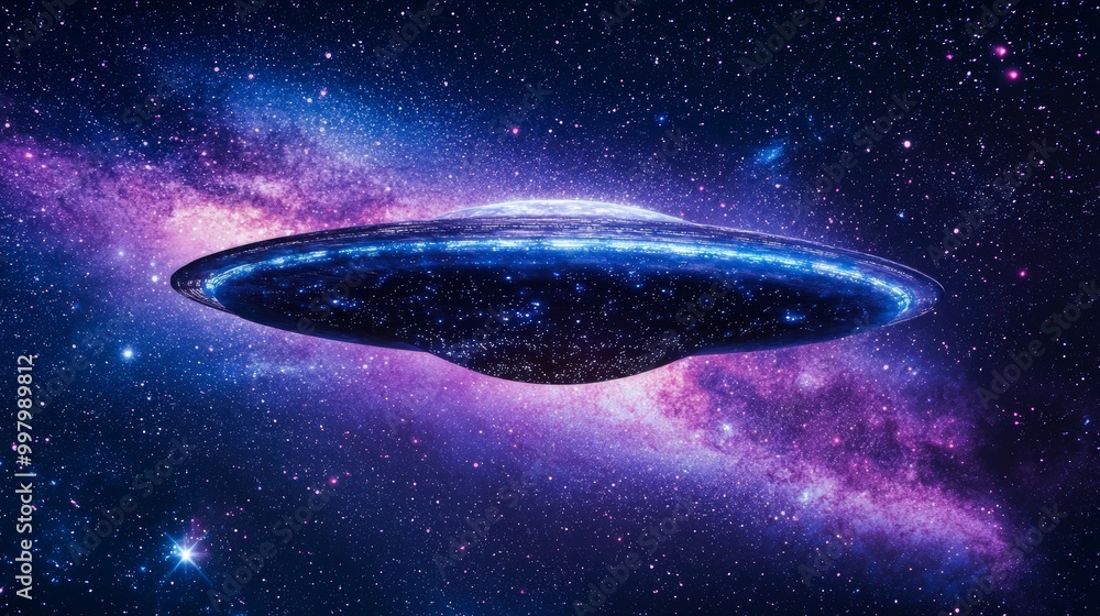 Majestic ufo floating amidst a vibrant starry galaxy in space Majestic ufo floating amidst a vibrant starry galaxy in space