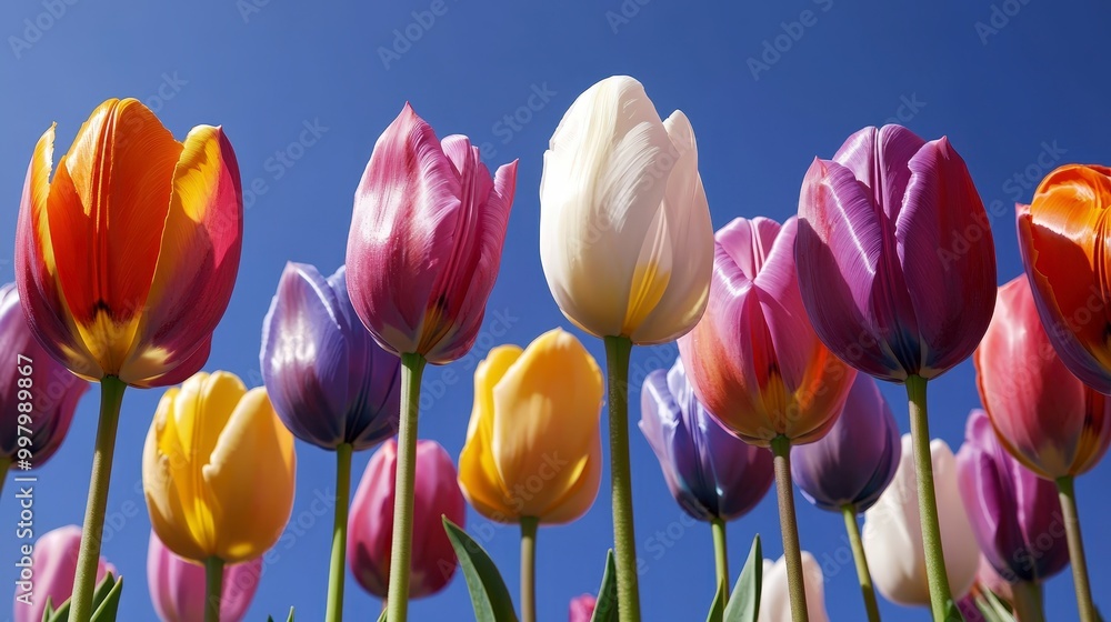 Colorful tulips in full bloom under the clear blue sky Colorful tulips in full bloom under the clear blue sky