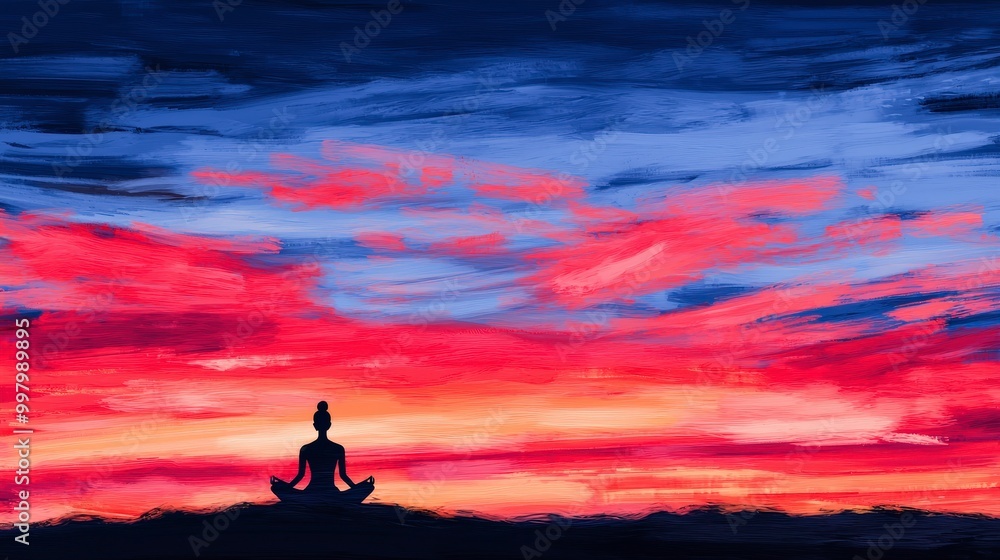 Fototapeta premium Serene meditation at sunset with vibrant sky painting