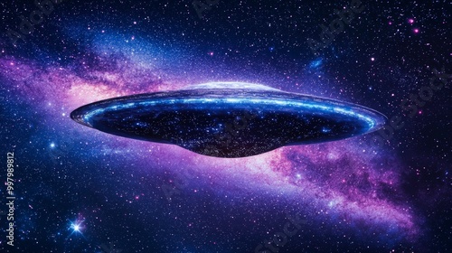 Majestic ufo floating amidst a vibrant starry galaxy in space photo