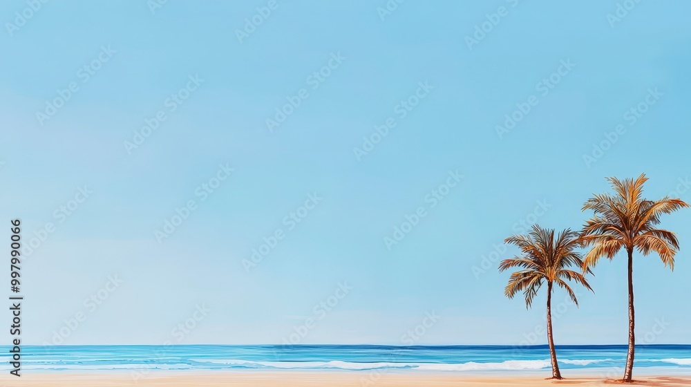 Fototapeta premium Serene tropical beach scene with two palm trees and calm ocean