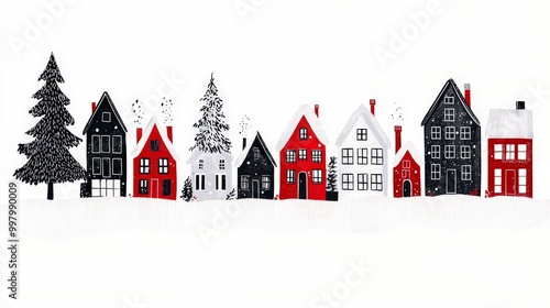 Festive village scene with red and black holiday houses in snow