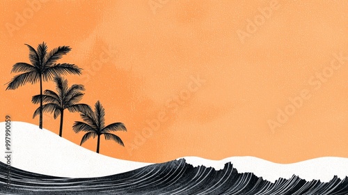 Tropical beach scene with palm trees and ocean waves illustration