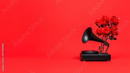 Vintage gramophone with red roses on vibrant red background photo