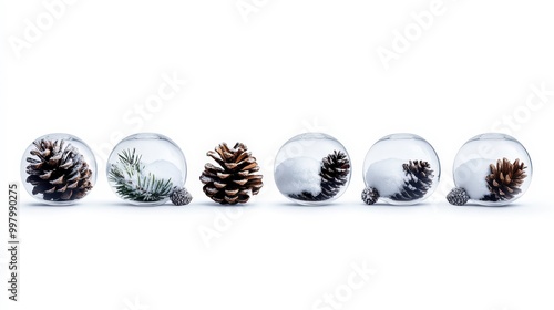 Pine cones and snow in clear decorative glass ornaments arranged linearly photo