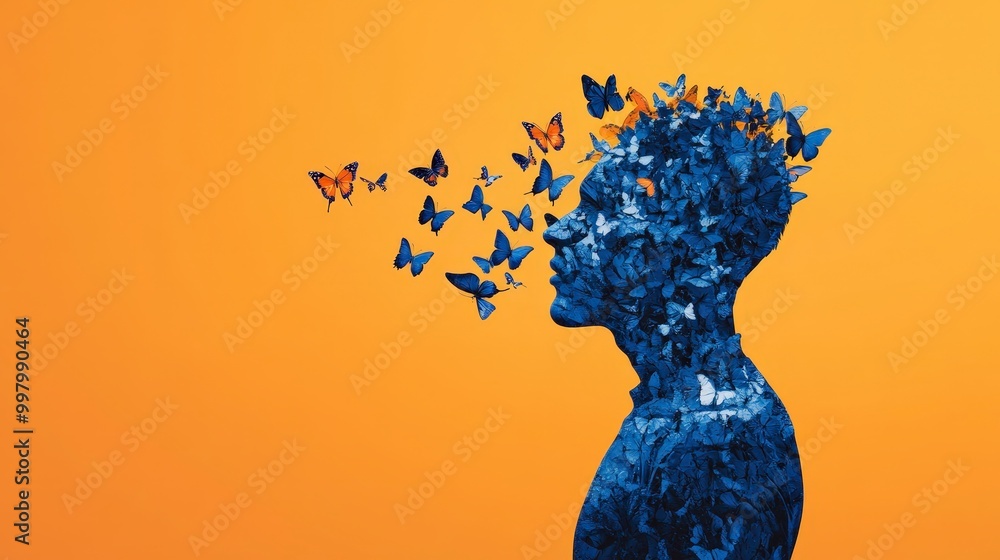 Silhouette of man with butterflies and vibrant orange background Silhouette of man with butterflies and vibrant orange background