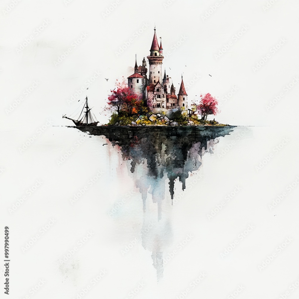 Watercolor painting of a floating island with a ship docked at the edge ...