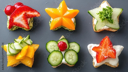 Assorted holiday-themed canapes with vibrant toppings, arranged in a star-shaped pattern, festive appetizers