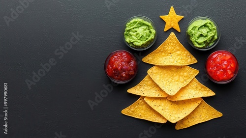 Christmas tree-shaped nachos with guacamole and salsa dips, arranged in a fun festive pattern photo