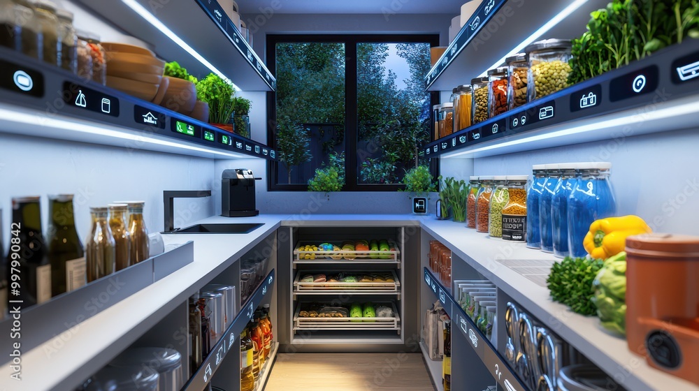 A smart pantry with weight sensors on shelves to track grocery usage and an automated shopping list generator A smart pantry with weight sensors on shelves to track grocery usage and an automated shopping list generator
