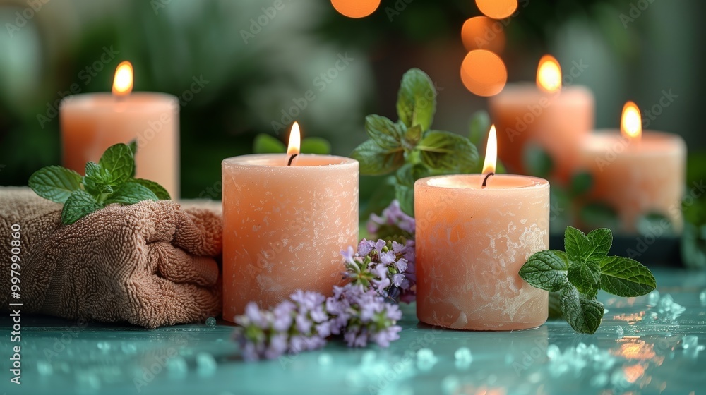 Lit candles, soft towel, and fresh herbs. Perfect for wellness, spa themes, and creating a calming ambiance at home. Lit candles, soft towel, and fresh herbs. Perfect for wellness, spa themes, and creating a calming ambiance at home.