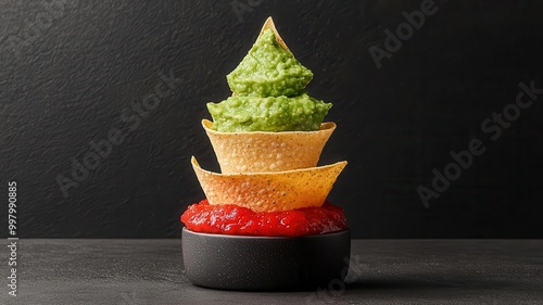 Christmas tree-shaped nachos with guacamole and salsa dips, arranged in a fun festive pattern photo