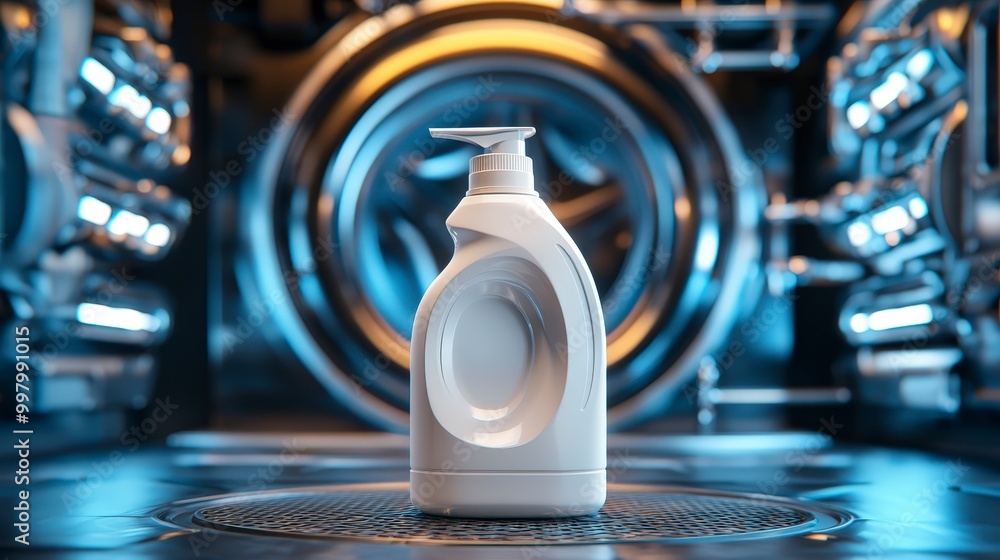 Liquid detergent bottle in front of industrial washing machines Liquid detergent bottle in front of industrial washing machines