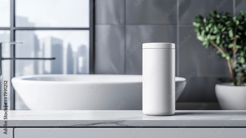Fototapeta premium Modern bathroom with sleek white container on marble countertop