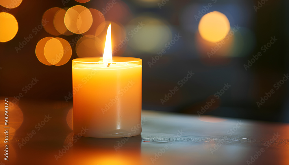 Burning candle on table against blurred background. Funeral symbol Burning candle on table against blurred background. Funeral symbol