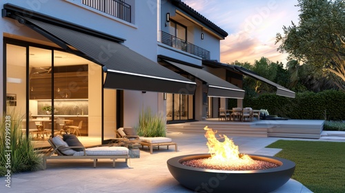 A smart patio with weather-sensing awnings that adjust automatically and a fire pit that controls flame size based on temperature photo