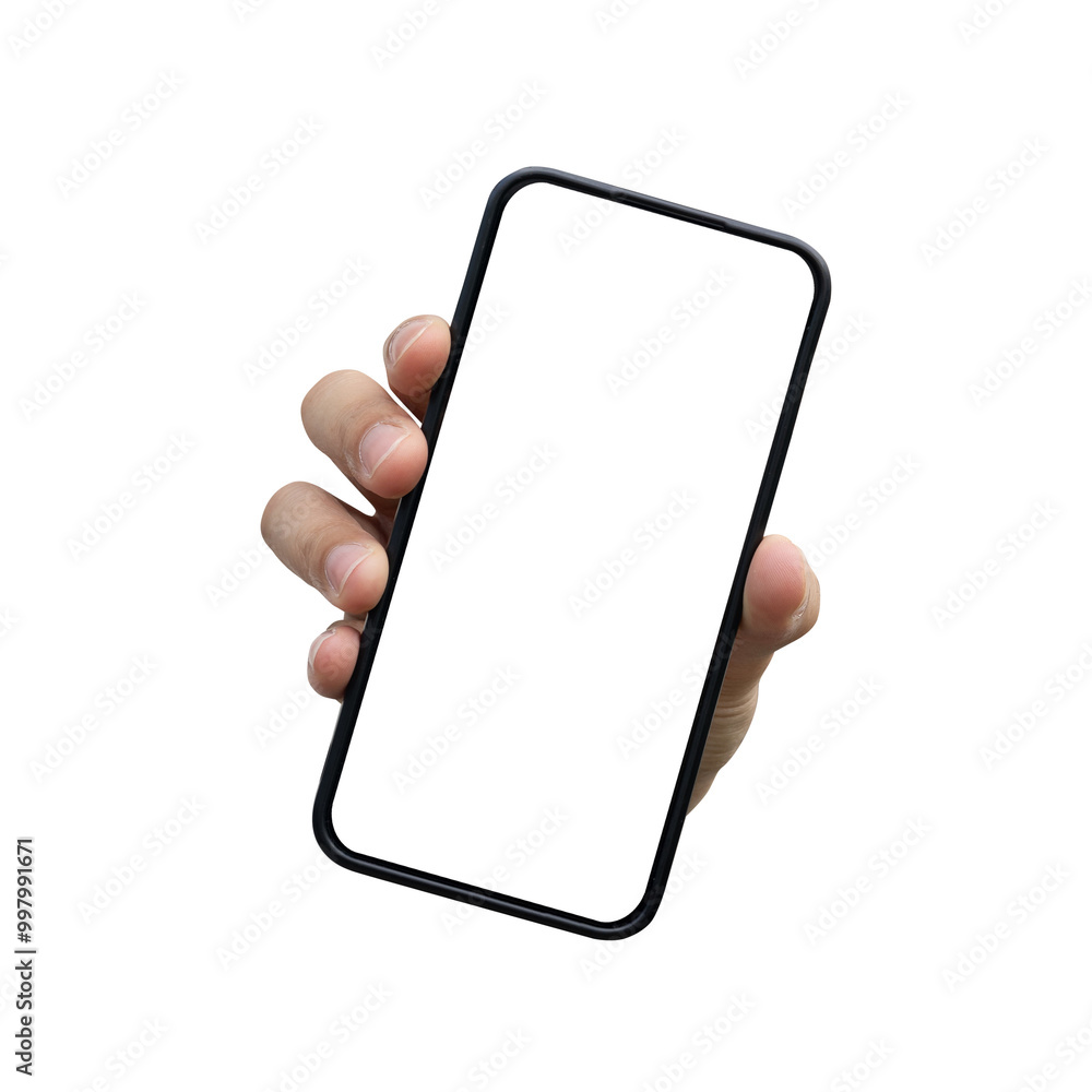 © chinnarach - close up man hand hold smartphone with blank screen isolated on transparent background for marketing or advertisement and design concept
