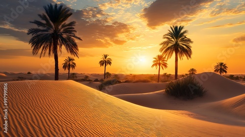 Sunset over Desert Landscape with Golden Sand and Distant Oasis