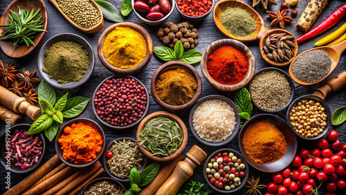 An assortment of spices and herbs is beautifully arranged in wooden bowls atop a dark countertop, creating a colorful display of culinary ingredients ready for cooking