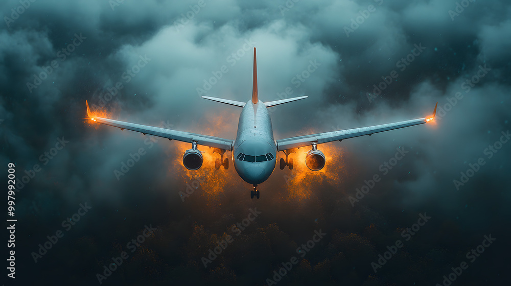 A Commercial Airplane Navigating Through Stormy Clouds with Lightning Striking in the Background, Illustrating the Challenges of Air Travel and the Resilience of Aviation Technology Amidst Adverse Wea A Commercial Airplane Navigating Through Stormy Clouds with Lightning Striking in the Background, Illustrating the Challenges of Air Travel and the Resilience of Aviation Technology Amidst Adverse Wea