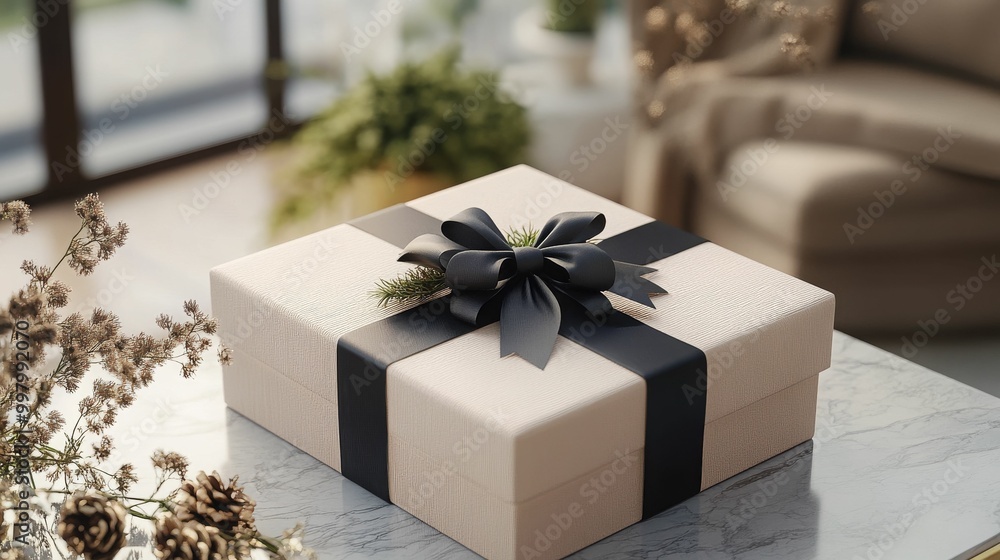A beautifully wrapped gift box adorned with a black ribbon, placed on a marble surface in an inviting, cozy interior.