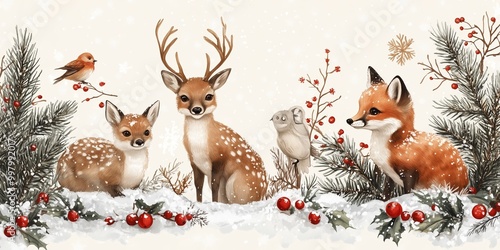 A charming winter scene featuring woodland animals in a snowy landscape. The illustration includes an adorable fawn and two playful foxes.