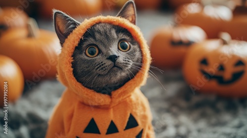 A cute cat in a pumpkin hoodie poses among festive Halloween decorations, capturing the playful spirit of the season. photo